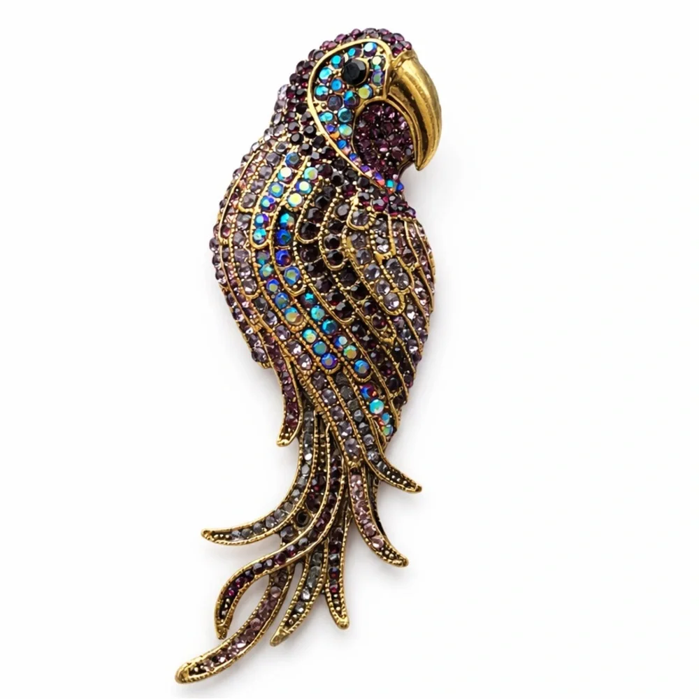 Parrot Crystal Brooch / Pendant – Gold Tone Multicolor Rhinestone Bird